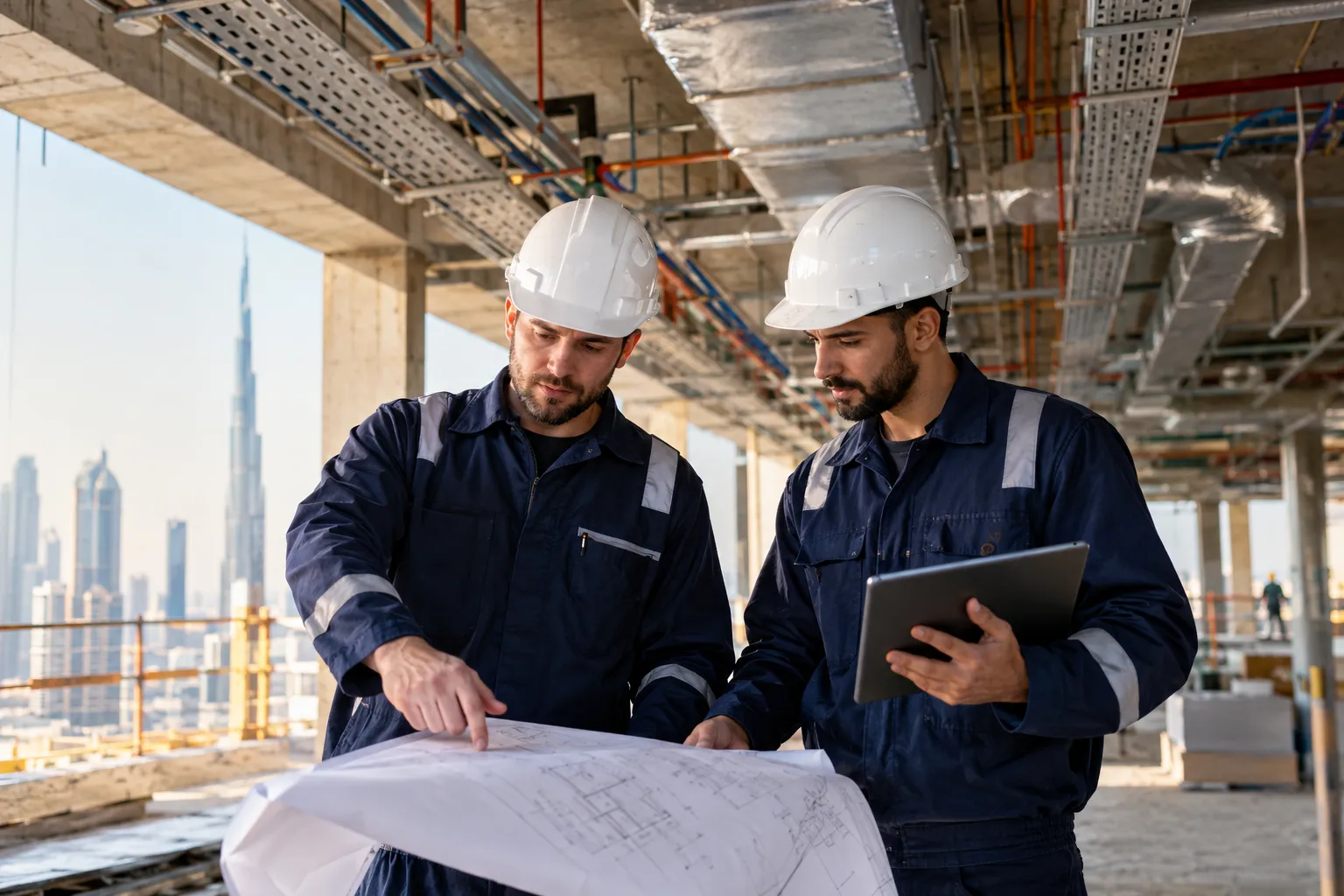 Two engineers reviewing MEP drawings on a UAE construction site