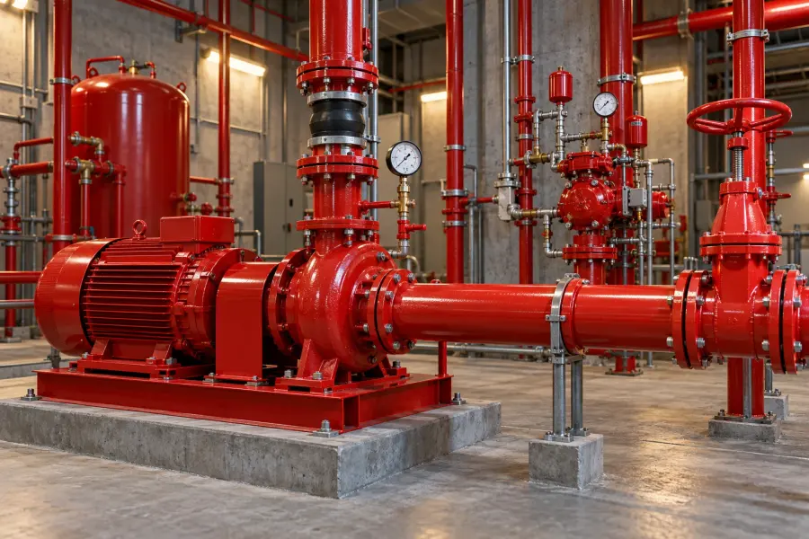 Fire fighting pump room with red pipework